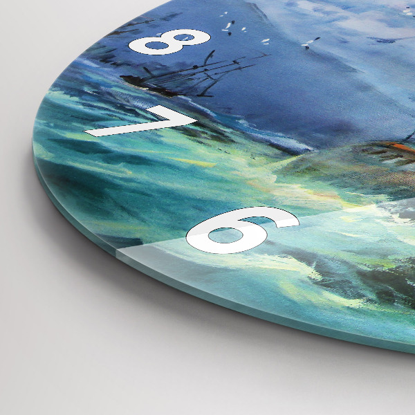 Round glass wall clock A ship on the water