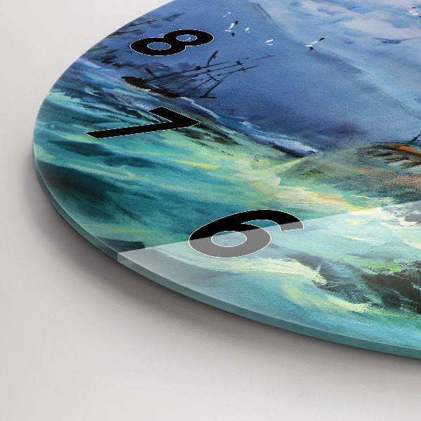 Round glass wall clock A ship on the water