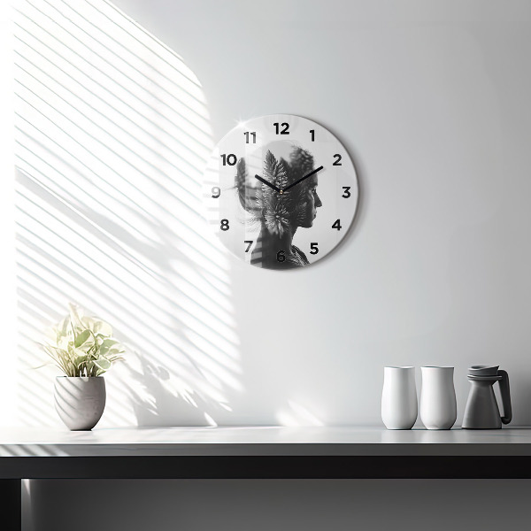 Round glass wall clock Portrait of a woman