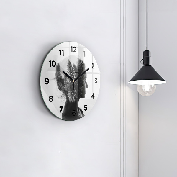Round glass wall clock Portrait of a woman