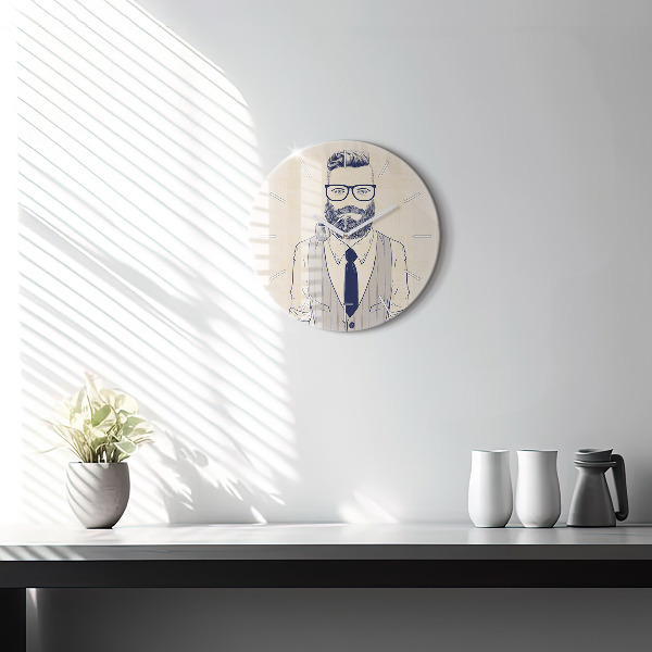 Round glass wall clock Man with a beard