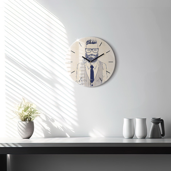 Round glass wall clock Man with a beard