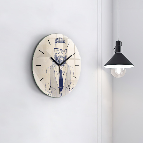 Round glass wall clock Man with a beard