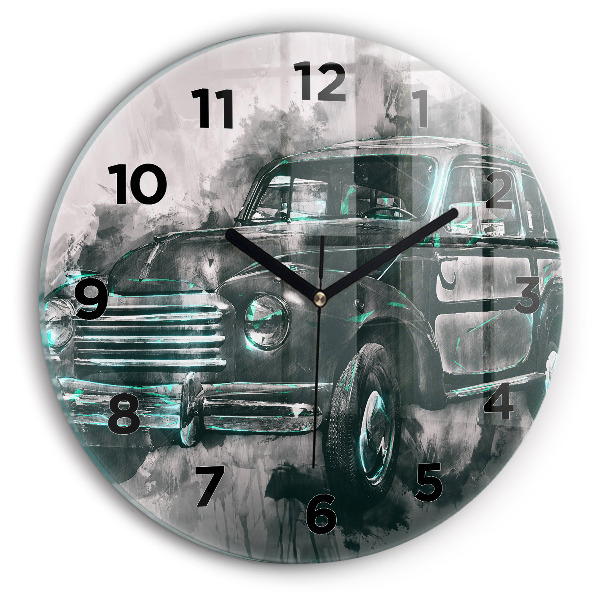 Round glass wall clock Old School Car