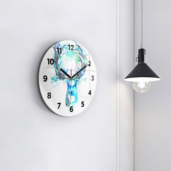 Round glass wall clock Deer illustration