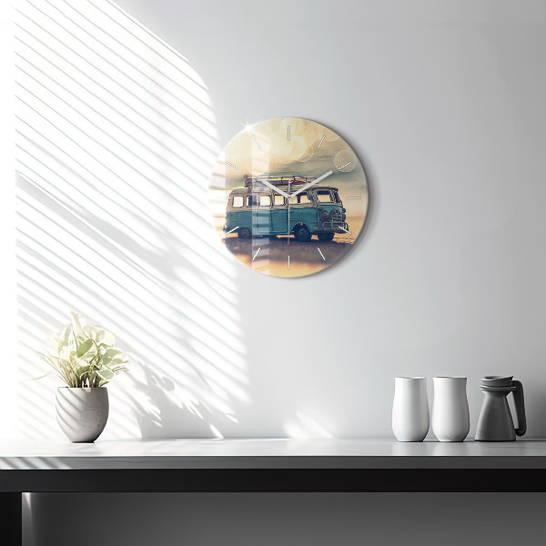 Round glass wall clock Camper on the beach