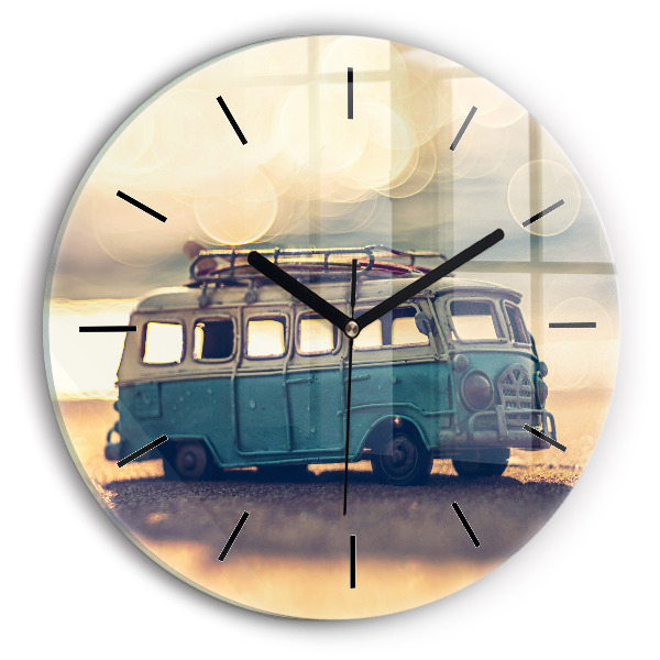 Round glass wall clock Camper on the beach
