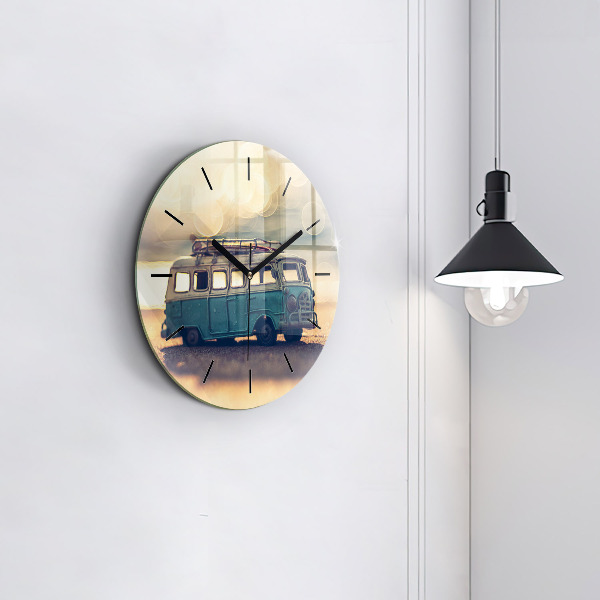 Round glass wall clock Camper on the beach