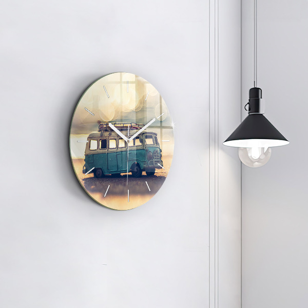Round glass wall clock Camper on the beach