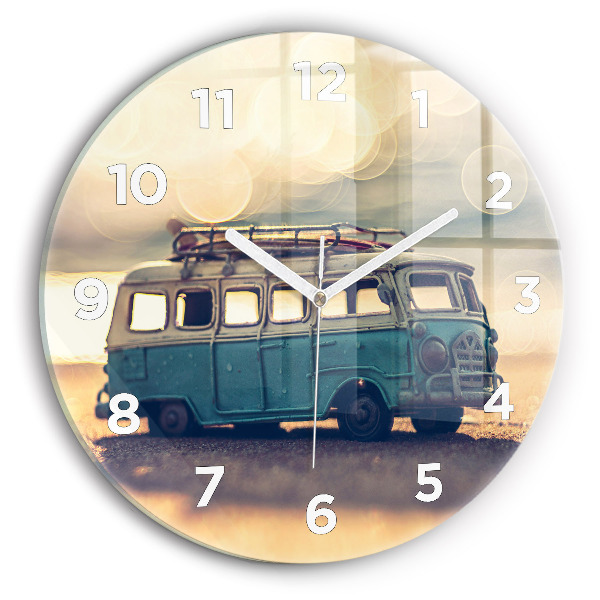 Round glass wall clock Camper on the beach