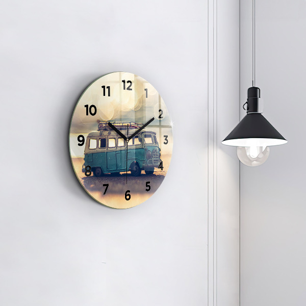 Round glass wall clock Camper on the beach