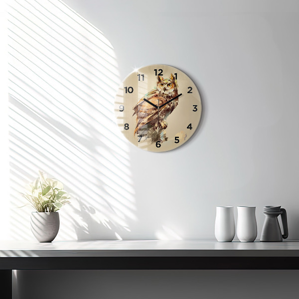 Round glass wall clock Owl - a sign of wisdom