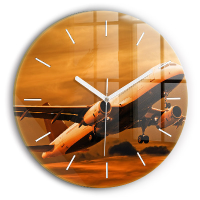 Round glass wall clock Travel by plane