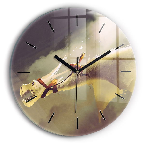 Round glass wall clock Dragon Rider Illustration