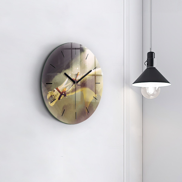 Round glass wall clock Dragon Rider Illustration