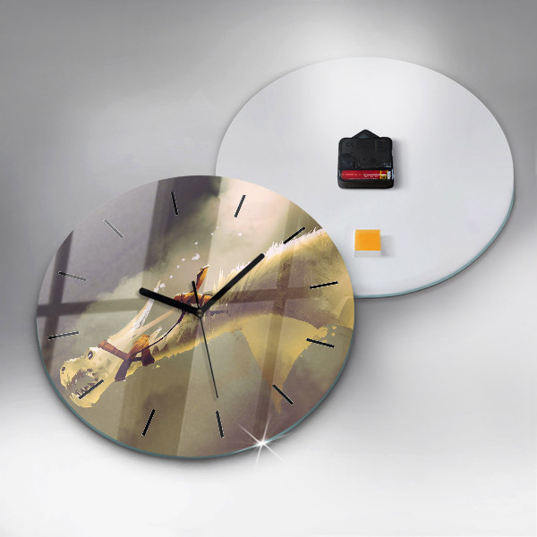 Round glass wall clock Dragon Rider Illustration