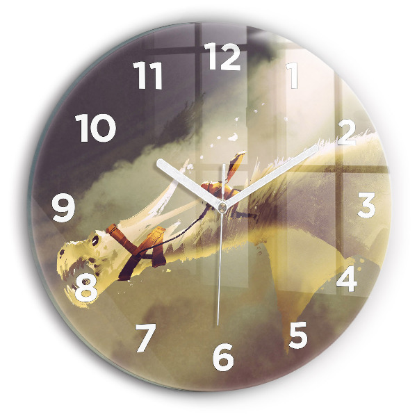 Round glass wall clock Dragon Rider Illustration