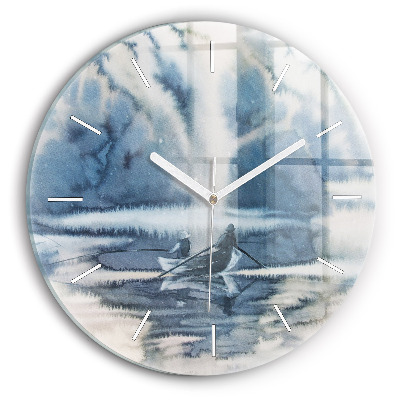 Round glass wall clock Winter Lake Łódka