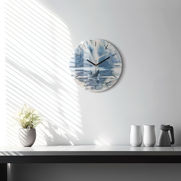 Round glass wall clock Winter Lake Łódka
