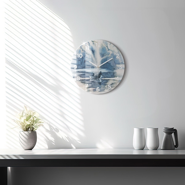 Round glass wall clock Winter Lake Łódka