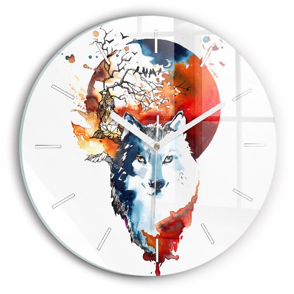 Round glass wall clock The Wolf and the Full Moon
