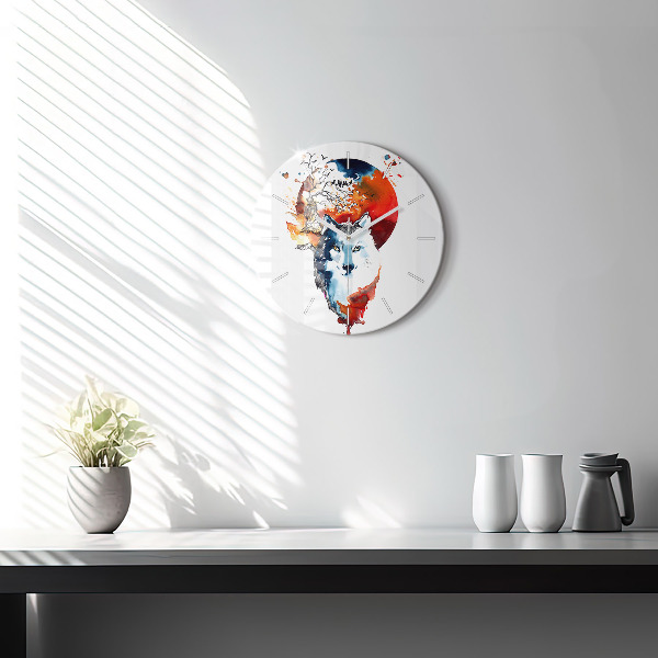Round glass wall clock The Wolf and the Full Moon