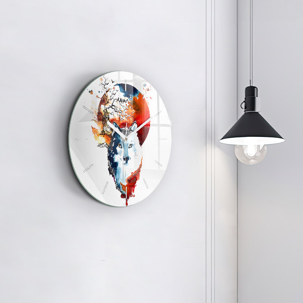 Round glass wall clock The Wolf and the Full Moon
