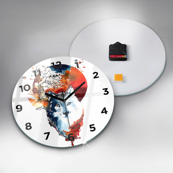 Round glass wall clock The Wolf and the Full Moon