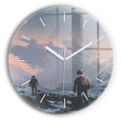 Round glass wall clock Astronauts abstract