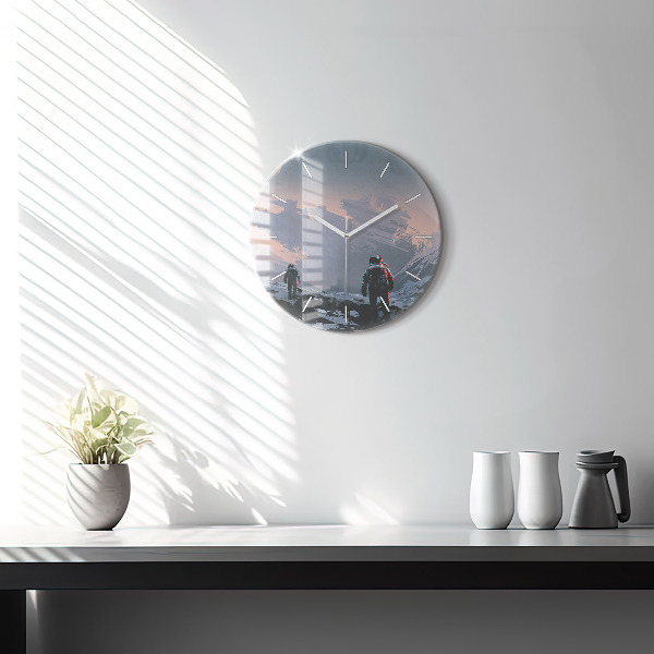 Round glass wall clock Astronauts abstract