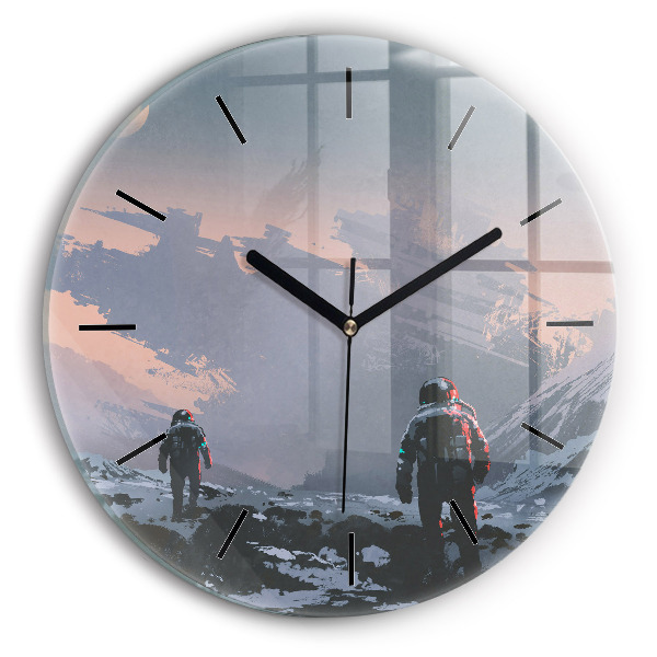 Round glass wall clock Astronauts abstract