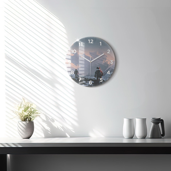 Round glass wall clock Astronauts abstract