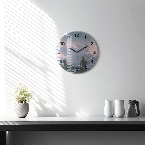 Round glass wall clock Astronauts abstract