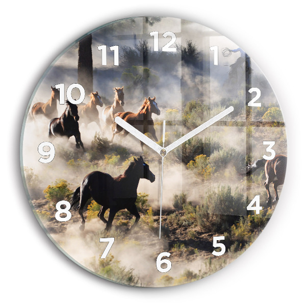 Round glass wall clock A herd of rushing horses