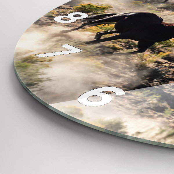 Round glass wall clock A herd of rushing horses