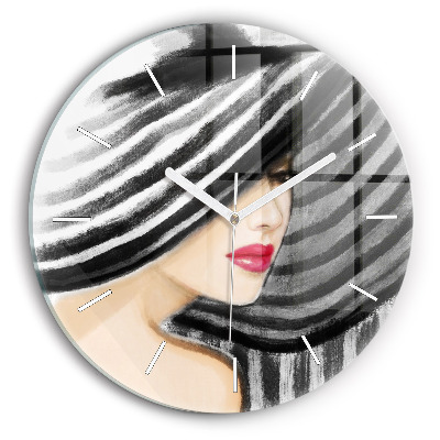 Round glass wall clock Woman in Black and White