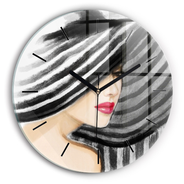 Round glass wall clock Woman in Black and White