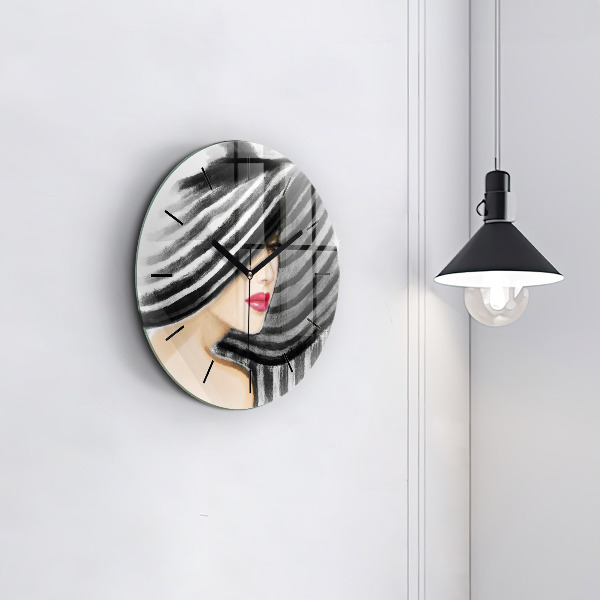 Round glass wall clock Woman in Black and White