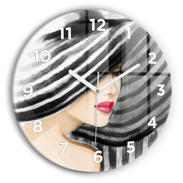 Round glass wall clock Woman in Black and White
