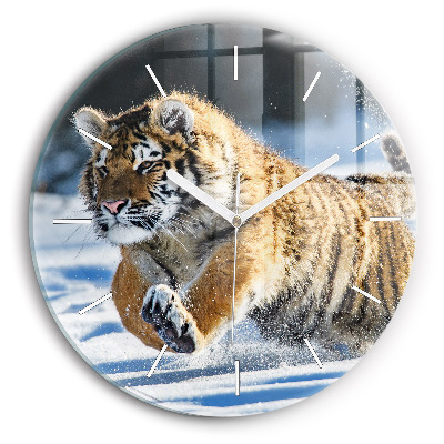 Round glass wall clock Leaping Tiger