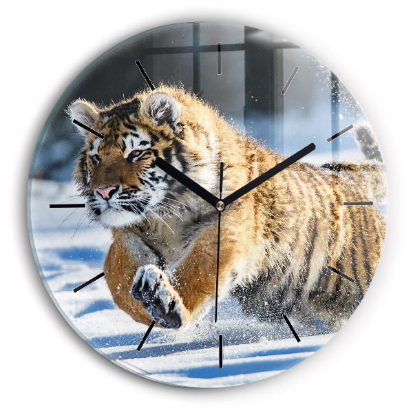 Round glass wall clock Leaping Tiger