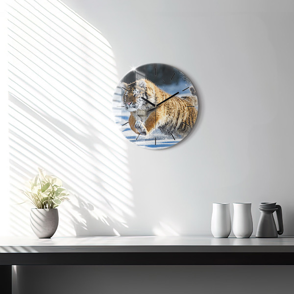 Round glass wall clock Leaping Tiger