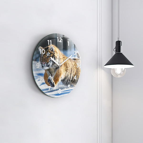Round glass wall clock Leaping Tiger