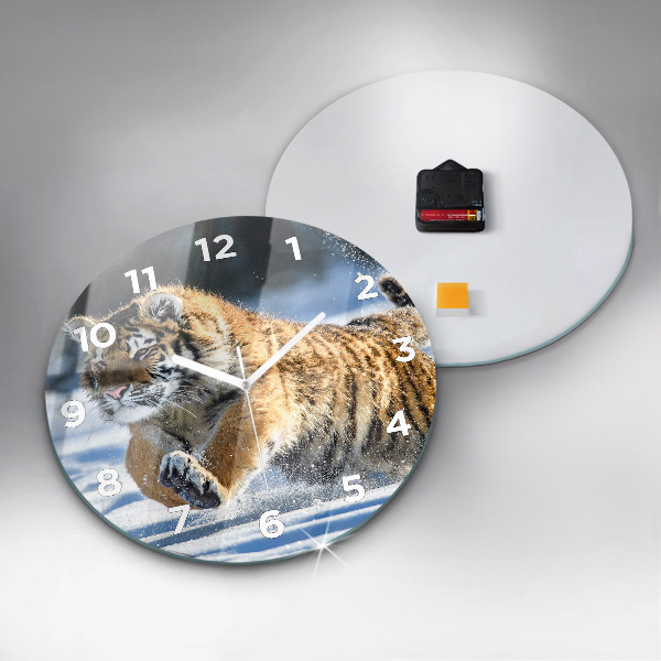 Round glass wall clock Leaping Tiger