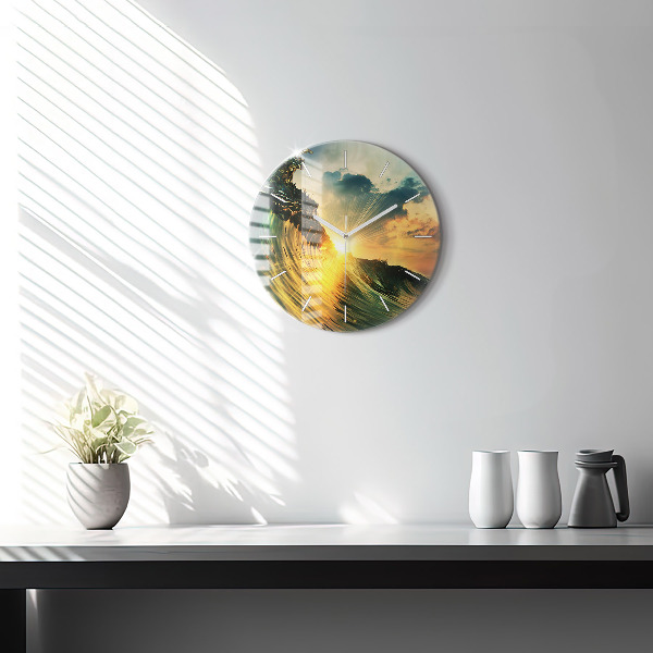 Round glass wall clock Wave Sunset