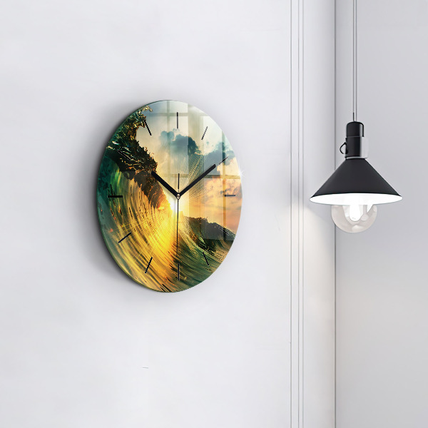Round glass wall clock Wave Sunset