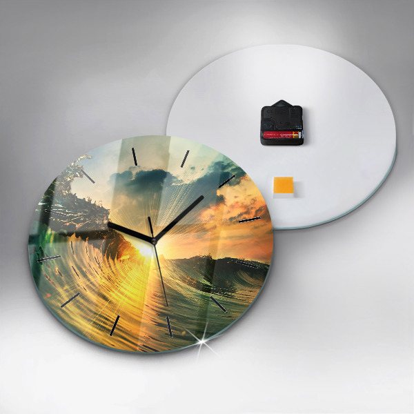 Round glass wall clock Wave Sunset