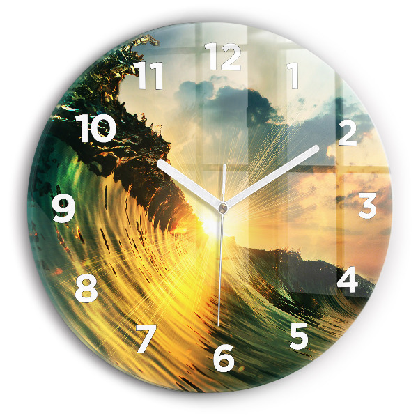 Round glass wall clock Wave Sunset
