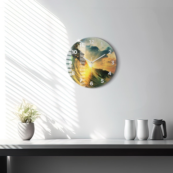 Round glass wall clock Wave Sunset