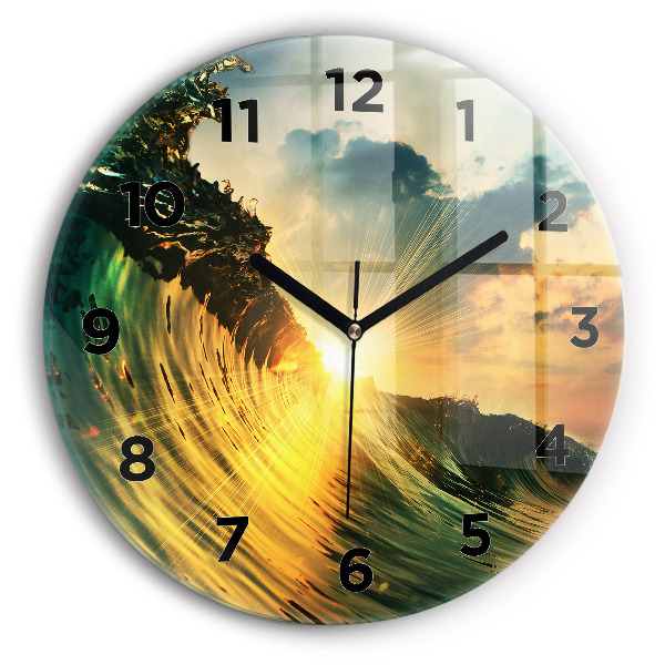 Round glass wall clock Wave Sunset